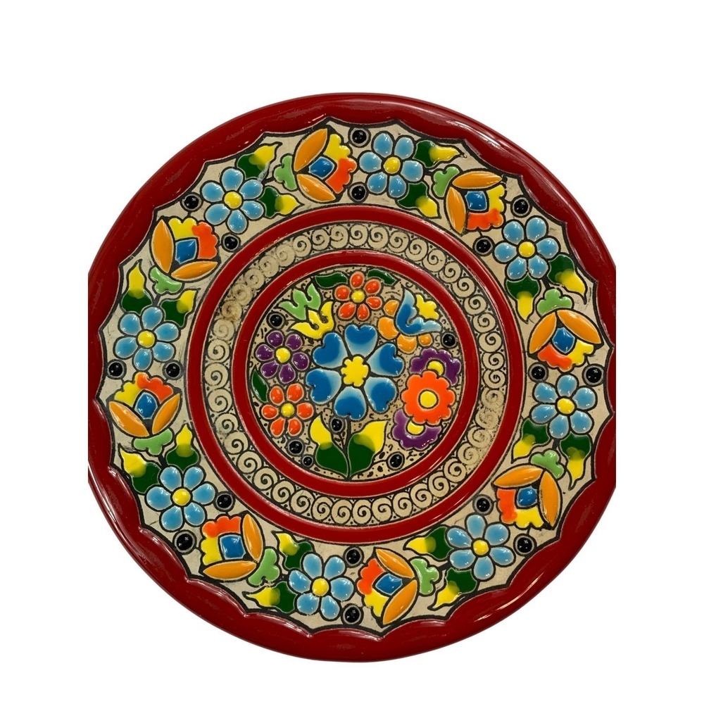 Vintage Cearco Spanish Ceramic Plate Cuerda Seca Hand Painted Floral Red